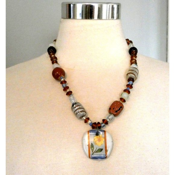 Vintage Art Glass Beaded Necklace with Pottery Flower Pendant - Picture 2 of 12